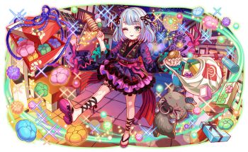 1boy 1girl alternate_costume alternate_design alternate_horns aqua_hair architecture attila_(crash_fever) back_ribbon barefoot belt black_belt blue_sky blunt_bangs blush box brown_fur building cel_shading chibi choker closed_mouth crash_fever cross-laced_clothes cross-laced_legwear cross-laced_sleeves dango dress east_asian_architecture face_piercing fireworks flag food food_request frilled_kimono frilled_sleeves frills full_body game_cg gift gift_box green_eyes grey_wrist_cuffs holding holding_food holding_stick horns japanese_clothes jumping kimono kimono_dress light_particles lips lipstick makeup medium_hair minotaur_(crash_fever) night night_sky nose_piercing nose_ring obi official_alternate_costume official_alternate_design official_alternate_horns official_art one_eye_closed onsen_print outdoors outline piercing pink_ribbon pink_sandals pink_sash pinstripe_ribbon purple_kimono purple_sleeves railing raised_eyebrows red_outline red_ribbon ribbon ribbon_choker sandals sanshoku_dango sash short_dress short_kimono sidelocks skull_print sky smile solo_focus sparkle stick tachi-e tears thigh_strap tile_floor tiles toenails toes transparent_background two-sided_sleeves wagashi walking wide_sleeves window wrist_cuffs zouri