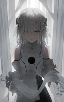 1girl absurdres bare_shoulders blue_eyes blue_streaks bridal_gauntlets closed_mouth commentary commentary_request cowboy_shot detached_sleeves english_commentary frilled_sleeves frills heterochromia highres isekaijoucho jewelry kamitsubaki_studio long_hair looking_at_object mixed-language_commentary nekoreito red_eyes ring solo standing white_bridal_gauntlets white_hair white_sleeves