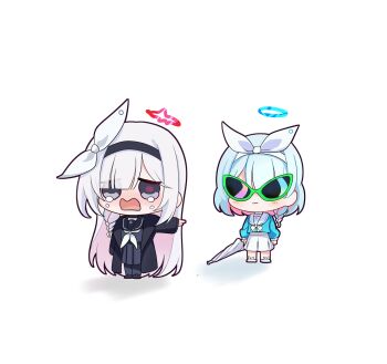 2girls :3 arona_(blue_archive) black_coat black_eyes black_hairband black_pantyhose black_serafuku black_shirt black_shoes black_skirt blue_archive blue_hair blue_halo blue_shirt blunt_bangs bow bowtie braid chibi closed_mouth coat colored_inner_hair commentary_request crying full_body green-framed_eyewear hair_over_one_eye hair_ribbon hairband halo highres holding holding_umbrella korean_commentary long_hair long_sleeves mismatched_pupils multicolored_hair multiple_girls neckerchief open_mouth pantyhose pink_hair plana_(blue_archive) pleated_skirt pointing pointing_at_another puffy_long_sleeves puffy_sleeves purple_pupils red_halo ribbon sailor_collar school_uniform serafuku shirt shoes short_hair simple_background single_braid skirt skyrain315 smile sunglasses umbrella very_long_hair white_background white_bow white_bowtie white_hair white_hairband white_neckerchief white_ribbon white_sailor_collar white_shoes white_skirt white_umbrella