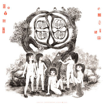 2020 20s 5girls alexander_horned_sphere animal arm_support ass bird blush bow braid bush cat collarbone flat_chest fractal_underground_studio from_behind hair_bow hand_on_own_hip highres holding_hands kneehighs loli long_hair looking_up mary_janes monochrome multiple_girls mushroom navel nipples nude original ponytail pussy rock shoes short_hair single_braid sitting smile socks sparrow standing tree twintails