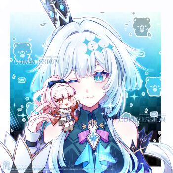 Rule 34 | 2girls, ;3, absurdres, artist request, bare shoulders, blonde hair, blue eyes, blue hair, breasts, cerydra (honkai: star rail), chibi on shoulder, chinese commentary, commentary request, commission, crown, hair intakes, highres, honkai: star rail, honkai (series), long hair, medium breasts, multiple girls, one eye closed, original, second-party source, upper body, very long hair, watermark, yellow eyes