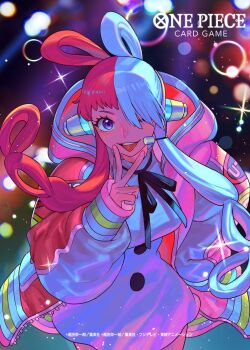 blurry blurry_background cowboy_shot dress hair_over_one_eye highres jacket multicolored_hair official_art one_eye_closed one_piece one_piece_card_game open_clothes open_jacket pink_jacket purple_eyes red_hair red_jacket sunohara_(encount) two-tone_hair uta_(one_piece) white_dress white_hair white_jacket