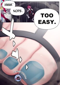 Rule 34 | absurdres, feet, foot focus, giant, giantess, highres, hololive, hololive indonesia, kureiji ollie, kureiji ollie (new year), mini person, minigirl, ninja, pavolia reine, pavolia reine (indonesian casual), platform sandals, sandals, shizeart, shrinking, toes, virtual youtuber