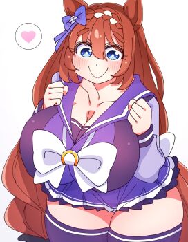 1girl animal_ears blue_bow blue_eyes blue_skirt blue_thighhighs blush bow braid breasts brown_hair chest_bow cleavage crown_braid hair_between_eyes hair_bow heart highres horse_ears horse_girl horse_tail horseshoe_ornament huge_breasts kaijin_debeso long_braid long_hair miniskirt mutlicolored_hair panties panty_peek plump single_braid skirt smile solo spoken_heart standing super_creek_(umamusume) tail thick_thighs thighhighs thighs tracen_school_uniform umamusume underwear very_long_hair white_background white_bow white_hair white_panties wide-eyed