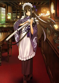 1girl apron black_hair breasts brown_eyes closed_mouth fate/grand_order fate_(series) floating_hair full_body game_cg hair_between_eyes head_tilt holding holding_sheath holding_sword holding_weapon indoors japanese_clothes katana kawakami_gensai_(fate) kawakami_gensai_(second_ascension)_(fate) kimono long_hair long_sleeves looking_at_viewer maid_headdress medium_breasts multicolored_hair official_art purple_kimono sheath sheathed sidelocks smile solo standing streaked_hair sword takeuchi_takashi third-party_source two-tone_hair weapon white_apron wide_sleeves