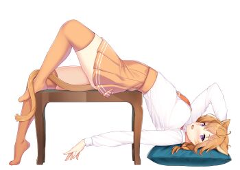 1girl absurdres alternate_costume animal_ears blush braid breasts cat_ears cat_girl collared_shirt commission commissioner_upload facepaint facial_mark fang fire_emblem fire_emblem:_path_of_radiance fire_emblem:_radiant_dawn highres large_variant_set looking_at_viewer lying lyre_(fire_emblem) medium_breasts messy_hair nabunabu necktie nintendo open_mouth orange_hair orange_skirt orange_tail orange_thighhighs pillow purple_eyes school_uniform shirt shirt_tucked_in skirt solo thick_thighs thighhighs thighs variant_set whisker_markings white_background white_shirt white_trim white_wrist_cuffs wrist_cuffs zettai_ryouiki