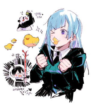 01_jukai 1girl 2boys bird black_hair black_suit blue_hair chips_(food) collared_shirt duck duck_face food formal_clothes hair_tied_up jujutsu_kaisen long_hair miwa_kasumi multiple_boys muta_koukichi necktie one_eye_closed panda_(jujutsu_kaisen) potato_chips purple_eyes shirt smile suit white_background white_shirt wink