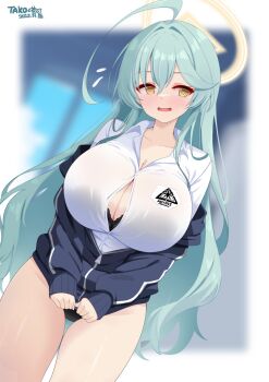 1girl ahoge artist_name black_bra blue_archive blue_jacket blush bra bra_peek breasts buruma button_gap cleavage collarbone covering_crotch covering_privates dated embarrassed grey_hair hair_between_eyes halo highres huge_ahoge huge_breasts ineedu041_tako jacket jacket_tug long_hair looking_to_the_side open_mouth partially_unzipped shirt solo standing sweatdrop thighs track_jacket underwear white_shirt yellow_eyes yellow_halo yume_(blue_archive) zipper