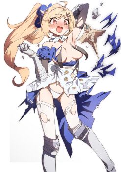 1girl absurdres ahoge armored_boots armpits blonde_hair blue_skirt blush boots breasts breasts_apart bright_pupils buttons commentary detached_sleeves double-breasted dress embarrassed garter_straps gauntlets gluteal_fold hair_ornament hairpin highres knee_boots large_breasts nose_blush orange_eyes panties side_ponytail simple_background skirt solo standing stella_sora sweat thigh_gap thighhighs tilia_(stella_sora) to_(tototo_tk) torn_clothes torn_thighhighs underwear white_background white_dress white_panties white_pupils white_thighhighs