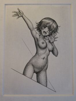 1girl :d arm_up armpits breasts cleft_of_venus commentary_request completely_nude cropped_legs double-parted_bangs engraving_(medium) gluteal_fold hand_up highres honda_mio idolmaster idolmaster_cinderella_girls medium_breasts mo_engraving monochrome nipples nude one_eye_closed open_mouth photo_(medium) pussy short_hair smile solo standing stomach traditional_media