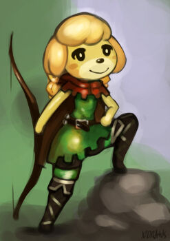 1girl alternate_hairstyle animal_crossing animal_ears belt blonde_hair blush_stickers boots bow_(weapon) braid cape cosplay dog_ears dog_girl dragon&#039;s_crown elf_(dragon&#039;s_crown) elf_(dragon&#039;s_crown)_(cosplay) female_focus furry furry_female isabelle_(animal_crossing) leg_up nintendo rock smile solo thigh_boots thighhighs tunic twin_braids weapon xdraws