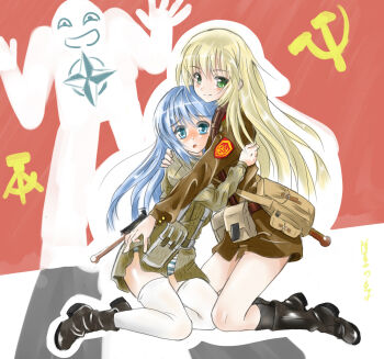 1boy 2girls ammunition_pouch bag belt blonde_hair blue_eyes blue_hair boots camouflage cold_war communism east_germany green_eyes hammer_and_sickle highres hug load_bearing_equipment longmei_er_de_tuzi military military_uniform multiple_girls nationale_volksarmee nato_logo natonica north_atlantic_treaty_organization original panties patch pouch scared shovel socks soviet soviet_army strichtarn striped_clothes striped_panties thighhighs underwear ussr