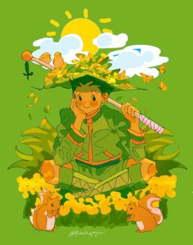 1boy animal bird child cloud fishing_rod freeligaya full_body gon_freecss green_background green_eyes green_footwear green_hair green_jacket green_shorts hand_on_own_face holding holding_fishing_rod hunter_x_hunter indian_style jacket leaf_hat long_sleeves looking_at_viewer male_focus short_hair shorts signature simple_background sitting smile solo spiked_hair squirrel sun