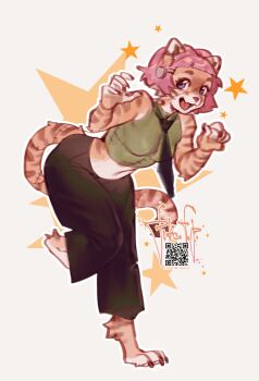 1girl :d animal_ears artist_name bare_shoulders black_necktie blue_eyes brown_pants furry furry_female green_shirt headphones highres necktie open_mouth original pants pink_hair pita-potato qr_code shirt short_hair smile solo standing standing_on_one_leg star_(symbol) tail tiger_ears tiger_girl tiger_tail white_background