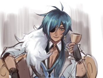 1boy arm_up black_gloves blue_eyes blue_hair chair chalice closed_mouth commentary cup dark-skinned_male dark_skin english_commentary eyepatch genshin_impact gloves hair_between_eyes highres holding holding_cup kaeya_(genshin_impact) kookirani long_hair male_focus one_eye_covered parted_bangs sitting smile solo unfinished upper_body white_fur
