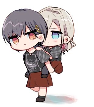 2girls 5th_live_tour_~4pair_power_spread!!!!~ black_shoes black_skirt blue_eyes brown_skirt carrying carrying_person ceras_yanagida_lilienfeld closed_mouth commentary deformed edel_note grey_hair grey_sleeves hair_ribbon haz katsuragi_izumi link!_like!_love_live! love_live! medium_skirt multiple_girls orange_eyes piggyback pink_ribbon plaid_clothes plaid_sleeves ribbon shoes skirt slit_pupils smile v-shaped_eyebrows virtual_youtuber walking