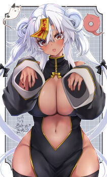 1girl black_dress black_nails black_thighhighs blush breasts cleavage commentary_request curtained_hair dark-skinned_female dark_skin dated dress ghost glasses grey_hair highres jewelry kantai_collection long_hair long_sleeves looking_at_viewer mashiro_yukiya musashi_(kancolle) musashi_kai_ni_(kancolle) nail_polish navel ofuda ofuda_on_head pelvic_curtain ring signature solo thick_thighs thighhighs thighs tongue tongue_out very_long_hair wedding_ring wide_sleeves