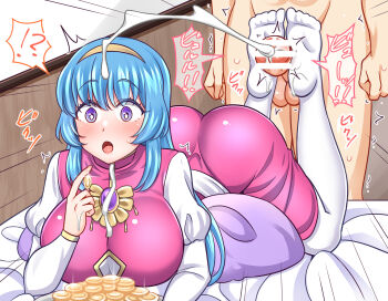 1boy 1girl ass bed bed_sheet blue_hair blush breasts censored clueless coin counting counting_money cum dress ejaculation estpolis_denki feet feet_up footjob gem gold hairband highres huge_ass indoors jewelry large_breasts long_hair lufia lying merchant money necklace on_stomach open_mouth pendant penis pillow projectile_cum puffy_sleeves purple_eyes soles surprised testicles thighhighs tia_(estpolis_denki) yakisobapan_tarou_&amp;_negitoro-ko