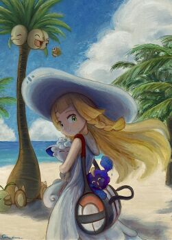 1girl :&gt; :d alolan_exeggutor alolan_form alolan_vulpix bag beach bird blonde_hair blue_sky blunt_bangs braid closed_eyes cosmog dress duffel_bag fang fox gen_7_pokemon green_eyes gyura hat holding holding_pokemon legendary_pokemon lillie_(pokemon) long_hair long_neck looking_at_viewer nintendo open_mouth outdoors owl palm_tree pokemon pokemon_(creature) pokemon_sm rowlet shoulder_bag sky sleeveless sleeveless_dress smile standing sun_hat sundress tree twin_braids upper_body white_dress white_fur white_hat