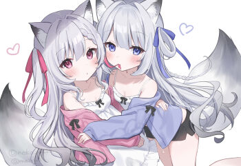 2girls animal_ear_fluff animal_ears arm_around_back bare_shoulders black_shorts blue_eyes blue_jacket blue_ribbon blush bow braid braided_bangs breasts camisole cleavage closed_mouth collarbone dolphin_shorts dress feet_out_of_frame frilled_dress frills grey_hair grey_tail hair_intakes hair_ribbon hair_rings heart jacket jacket_partially_removed long_hair long_sleeves looking_at_viewer meibi_1 mouth_hold multiple_girls off_shoulder open_clothes open_jacket original parted_lips pink_jacket red_eyes red_ribbon ribbon ribbon_in_mouth short_shorts shorts siblings sidelocks simple_background sleeves_past_wrists small_breasts spaghetti_strap sundress tail tail_raised twins two_side_up very_long_hair white_background white_camisole white_dress