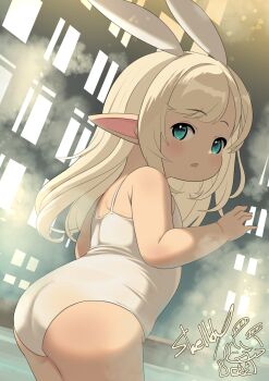 1girl animal_ears arm_up ass blonde_hair blue_eyes commentary_request fake_animal_ears final_fantasy final_fantasy_xiv from_behind highres lalafell long_hair looking_back one-piece_swimsuit onsen open_mouth pointy_ears rabbit_ears shelldy solo steam swimsuit thighs wading water white_one-piece_swimsuit