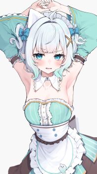 Rule 34 | 1girl, apron, armpits, arms up, black bow, black skirt, blue bow, blue eyes, blush, bow, breasts, center frills, commentary, detached collar, detached sleeves, dress, english commentary, frilled dress, frills, gradient hair, green dress, green hair, green sleeves, hair bow, hair ornament, hairclip, highres, indie virtual youtuber, looking at viewer, maid, maid headdress, mint fantome, mint fantome (minto 2.0), multicolored hair, oimo 0imo, pointy ears, short hair, skirt, skirt under dress, sleeveless, sleeveless dress, small breasts, solo, striped clothes, striped dress, triangular headpiece, two side up, vertical-striped clothes, vertical-striped dress, virtual youtuber, waist apron, wavy hair, white apron, white hair, wide sleeves, x hair ornament