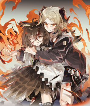 Rule 34 | 2girls, arknights, black choker, black jacket, black shorts, blonde hair, blood, blood on face, brown hair, brown wings, chinese commentary, choker, commentary request, demon horns, feather hair, feathers, fire, furrowed brow, glasses, hand on another's shoulder, highres, horns, hug, hug from behind, ifrit (arknights), jacket, long hair, long sleeves, looking at viewer, lunibo, multiple girls, nail polish, one eye closed, orange eyes, owl ears, parted lips, pyrokinesis, serious, short hair, shorts, silence (arknights), twintails, wince, winged arms, wings