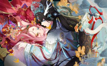 3girls animal_ear_fluff animal_ears animal_print artist_cat_(infinity_nikki) artist_name black_hair black_hanfu blue_crown blue_eyes blue_ribbon butterfly_print cat_girl chinese_clothes clouded_loong_(infinity_nikki) colored_eyelashes commentary crown dragon dragon_horns eastern_dragon expressionless forever_bond_(infinity_nikki) fox_ears furry furry_female hair_ornament hanfu hashtag-only_commentary heterochromia highres horns infinity_nikki lake layered_sleeves lipstick long_hair long_sidelocks long_sleeves looking_at_another looking_at_viewer makeup multiple_girls nikki_(series) parted_lips pink_hair pointy_nose red_hanfu red_lips red_ribbon reean ribbon see-through_clothes see-through_sleeves sidelocks sleeves_past_fingers sleeves_past_wrists upper_body very_long_hair watermark white_hanfu white_horns white_loong_(infinity_nikki) wide_sleeves yellow_eyes