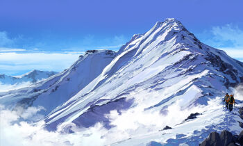 2boys above_clouds blue_sky cloud day fog highres karasu_(hageabura-jr) mountain mountainous_horizon multiple_boys nature no_humans original outdoors scenery sky snow