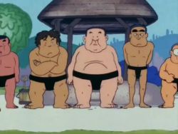 2girls 5boys animated blonde_hair brown_shorts dr._slump flat_chest flippers guys kimidori_akane lifebuoy loli multiple_boys multiple_girls norimaki_arale nude purple_hair red_ribbon red_shirt ribbon shirt shorts snorkel sumo swim_ring swimsuit tagme video