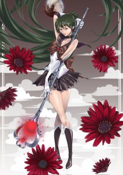 armpits back_bow bishoujo_senshi_sailor_moon black_boots black_choker black_sailor_collar black_skirt boots bow bowtie brooch choker collarbone elbow_gloves flower full_body garnet_rod gem gloves hair_bun highres jewelry katt_sun meiou_setsuna miniskirt parted_bangs pleated_skirt pluto_(planet) red_eyes red_flower red_gemstone sailor_collar sailor_pluto shirt single_hair_bun skirt white_gloves white_shirt