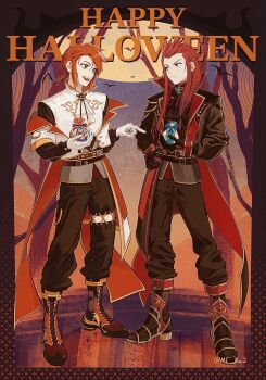 2boys asch_(tales) bare_tree bat_(animal) black_gloves black_jacket black_pants boots fangs full_body full_moon gloves green_eyes halloween halloween_costume hand_on_own_hip happy_halloween highres holding jacket long_hair looking_at_another luke_fon_fabre male_focus meba mixed-language_commentary moon multiple_boys pants pointing pointing_at_another red_hair short_hair sidelocks spiked_hair standing tales_of_(series) tales_of_the_abyss tree twitter_username white_gloves white_jacket