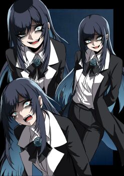 Rule 34 | 1girl, ado (utaite), black bow, black bowtie, black coat, black hair, black pants, blue eyes, blue hair, bow, bowtie, chando (ado), coat, colored inner hair, commentary, crying, crying with eyes open, english commentary, highres, long hair, multicolored hair, nagai negi, open clothes, open coat, open mouth, pants, shirt, solo, tears, teeth, utaite, white shirt