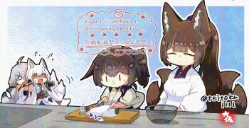 4girls amagi_(azur_lane) animal_ears apron azur_lane bluesky_username carrot check_commentary chibi commentary_request cutting cutting_board dougi flying_sweatdrops fox_ears fox_girl fox_tail highres hikimayu historical_name_connection holding holding_another&#039;s_arm holding_knife kaga_(azur_lane) kaga_(battleship)_(azur_lane) kaga_(kancolle) kantai_collection kappougi kitchen_knife kitsune knife kyuubi multiple_girls multiple_tails name_connection partially_shaded_face side_ponytail sieve tail taisa_(kari) tasuki tosa_(azur_lane)