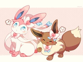 ! animal_focus animal_hands blue_eyes blush border bright_pupils brown_fur closed_eyes eevee fluffy full_body gen_1_pokemon gen_6_pokemon hyrell looking_at_another nintendo no_humans open_mouth pink_background pink_fur pokemon pokemon_(creature) pokemon_focus simple_background sitting standing sylveon two-tone_fur white_border white_fur white_pupils yellow_fur