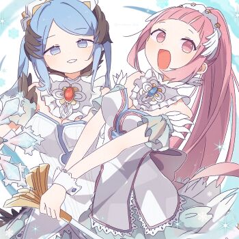 2girls absurdres aqua_eyes blue_hair breasts cleavage dress feather_trim felicia_(fire_emblem) felicia_(ice)_(fire_emblem) fire_emblem fire_emblem_fates fire_emblem_heroes flora_(fire_emblem) flora_(ice)_(fire_emblem) frost highres long_hair looking_at_viewer medium_breasts multiple_girls nintendo official_alternate_costume open_mouth pink_hair siblings sisters sorane_amus white_dress wrist_cuffs