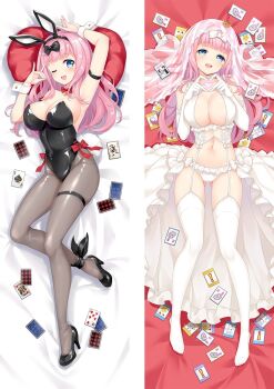 1girl ;d ace_(playing_card) animal_ear_hairband animal_ears arm_support armpits black_bow black_hairband black_leotard black_shoes blue_eyes bow breasts bridal_veil card commentary_request covered_navel dakimakura_(medium) elbow_gloves fake_animal_ears fake_tail four-finger_heart_hands fox_shadow_puppet fujiwara_chika full_body garter_belt gloves gluteal_fold grey_pantyhose hair_bow hairband heart heart_hands high_heels joker_(playing_card) kaguya-sama_wa_kokurasetai_~tensai-tachi_no_renai_zunousen~ large_breasts leotard long_hair looking_at_viewer lying moeanime multiple_views navel no_shoes on_back one_eye_closed open_mouth panties pantyhose pillow pink_hair playboy_bunny playing_card rabbit_ear_hairband rabbit_ears rabbit_tail shoes showgirl_skirt smile strapless strapless_leotard tail thigh_strap thighhighs underwear veil white_bow white_garter_belt white_gloves white_panties white_thighhighs white_wrist_cuffs wrist_cuffs