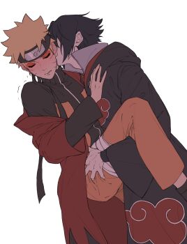 2boys absurdres akatsuki_uniform black_hair blonde_hair blush closed_eyes facial_mark forehead_protector haruiro_(hrm_ino) headband highres jacket konohagakure_symbol long_hair male_focus multiple_boys naruto_(series) naruto_shippuuden short_hair uchiha_sasuke uzumaki_naruto whisker_markings white_background yaoi