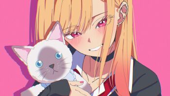 Rule 34 | 1girl, absurdres, black choker, black sweater, blonde hair, blush, choker, collarbone, commentary request, earrings, ganetto29, gradient hair, heart, heart in eye, highres, jewelry, kitagawa marin, multicolored hair, parted lips, pink background, pink hair, red eyes, shirt, simple background, smile, solo, sono bisque doll wa koi wo suru, stuffed animal, stuffed cat, stuffed toy, sweater, symbol in eye, two-tone hair, upper body, white shirt