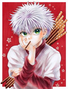 Rule 34 | 1boy, border, commentary, commentary request, english commentary, food, food in mouth, green eyes, hair between eyes, hand on own arm, hand on own cheek, hand on own face, hunter x hunter, ichiha sanami, killua zoldyck, layered sleeves, long sleeves, male focus, marker (medium), mixed-language commentary, mouth hold, outside border, pocky, pocky in mouth, red background, red shirt, shirt, short hair, short over long sleeves, short sleeves, solo, spiked hair, star (symbol), t-shirt, traditional media, turtleneck, turtleneck shirt, undershirt, upper body, white border, white hair, white shirt