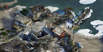 aleksander_rostov bare_tree boat bridge carriage commentary disco_elysium dock english_commentary from_above highres house ice official_art people scenery shore tree village watercraft wide_shot winter