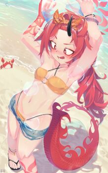 1girl absurdres armpits arms_up ball bangs_pinned_back beach beachball bikini bikini_bottom_under_shorts bikini_under_clothes black_horns blue_archive crab denim denim_shorts dragon_girl dragon_horn dragon_tail eyeshadow flip-flops hairband halo highres hitogata_ningen holding holding_ball holding_beachball horns long_hair looking_down makeup navel o-ring o-ring_bikini official_alternate_costume open_clothes open_shorts orange_hairband red_eyeshadow red_hair red_halo red_tail renge_(blue_archive) renge_(swimsuit)_(blue_archive) sandals shorts single_horn solo sweat swimsuit tail yellow_bikini