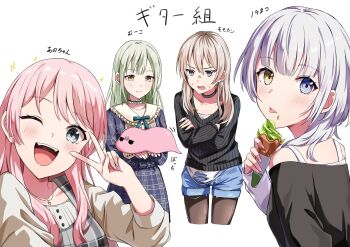 Rule 34 | 4girls, animal ears, bang dream!, bang dream! it's mygo!!!!!, black choker, black hair, black pantyhose, black shirt, blue dress, blue eyes, blue shirt, blush, bocchi the rock!, chihaya anon, choker, commentary request, crossover, dress, food, food on face, frilled choker, frills, girls band cry, gotoh hitori, gotoh hitori (tsuchinoko), green hair, grey eyes, grey hair, heterochromia, highres, instrument connection, jewelry, kaname raana, kawaragi momoka, kikugawa roku, long hair, lower teeth only, matcha (food), medium hair, multicolored hair, multiple crossover, multiple girls, necklace, one eye closed, open mouth, pantyhose, partially translated, pink hair, plaid clothes, plaid dress, roots (hair), selfie, shirt, simple background, sparkle, sweatdrop, teeth, tongue, tongue out, translation request, v, v over eye, wakaba mutsumi, white background, white hair, white shirt, yellow eyes