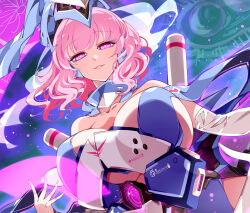 Rule 34 | 1girl, breasts, bug, butterfly, cannon, cherry blossoms, cleavage, ghost, headgear, highres, hitodama, insect, large breasts, looking at viewer, mecha musume, mechanical wings, pink eyes, pink hair, raptor7, saigyouji yuyuko, saigyouji yuyuko&#039;s fan design, science fiction, short hair, smile, solo, thrusters, touhou, triangular headpiece, wavy hair, wings