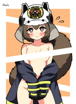 1girl absurdres animal_ear_helmet animal_helmet arknights artist_name bar_censor black_gloves blue_coat blush breasts brown_eyes brown_hair censored censored_nipples closed_mouth coat collarbone commentary_request contrapposto covering_privates cowboy_shot firefighter_helmet flying_sweatdrops gloves hendra highres long_sleeves looking_at_viewer medium_breasts orange_background partial_commentary shaw_(arknights) short_hair signature simple_background solo squirrel_girl squirrel_tail tail