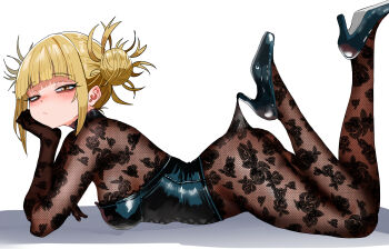 1girl absurdres black_leotard black_shoes blonde_hair blunt_bangs boku_no_hero_academia breasts brown_pantyhose double_bun full_body hair_bun highres lace_pantyhose_hooked_on_heel_(meme) leotard looking_at_viewer lying medium_breasts meme messy_hair on_stomach pantyhose shoes short_hair simple_background solo toga_himiko white_background zd_(pixiv6210083)