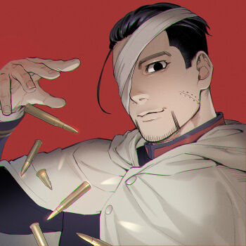 Rule 34 | 1boy, bandage over one eye, black eyes, black hair, bullet, cloak, closed mouth, commentary request, facial hair, foxvulpine, goatee stubble, golden kamuy, hair slicked back, long sleeves, male focus, ogata hyakunosuke, red background, short hair, sideburns, solo, stubble, upper body