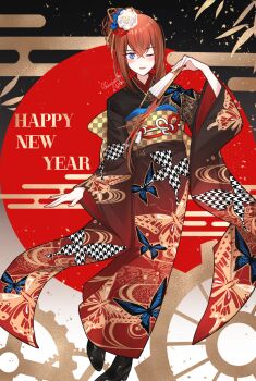 1girl 2025 animal_print artist_name black_background black_boots blue_eyes blush boots brown_kimono brown_sash butterfly_print checkered_sash circle commentary crossed_bangs dated_commentary egasumi english_text eyelashes flower folding_fan full_body furisode furisode_sleeves gears gold_trim gradient_background gradient_clothes gradient_kimono hair_between_eyes hair_flower hair_ornament hair_up hand_fan hand_up happy_new_year high_heel_boots high_heels highres holding holding_fan houndstooth japanese_clothes kimono lace-up_boots light_blush long_sleeves loose_hair_strand makise_kurisu nengajou new_year obi obijime one_eye_closed pale_skin parted_lips red_background red_flower red_hair red_kimono sash science_adventure shards shirase_rin sidelocks signature smile solo steins;gate white_background white_flower wide_sleeves yukata