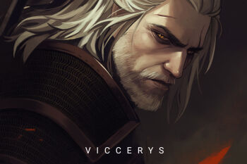 1boy artist_name beard facial_hair geralt_of_rivia grey_hair long_hair looking_at_viewer portrait scar scar_across_eye scar_on_face scar_on_forehead slit_pupils solo the_witcher_(series) viccerys yellow_background