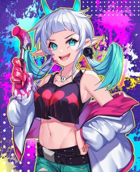 Rule 34 | 1girl, aqua eyes, aqua hair, aqua horns, bare shoulders, belt, black belt, blood, blood on body, blood on clothes, blood on face, blood on hands, bloody weapon, colored tips, commentary, commission, demon horns, english commentary, eyelashes, fang, floating hair, gendo0032, hair ornament, hammer, hand on own hip, highres, holding, holding hammer, horns, jacket, jewelry, long hair, long sleeves, midriff, multicolored hair, multiple belts, navel, necklace, off shoulder, open clothes, open jacket, open mouth, original, outline, pink blood, pointy ears, skull hair ornament, skull necklace, smile, solo, teeth, weapon, white hair, white jacket, yellow outline